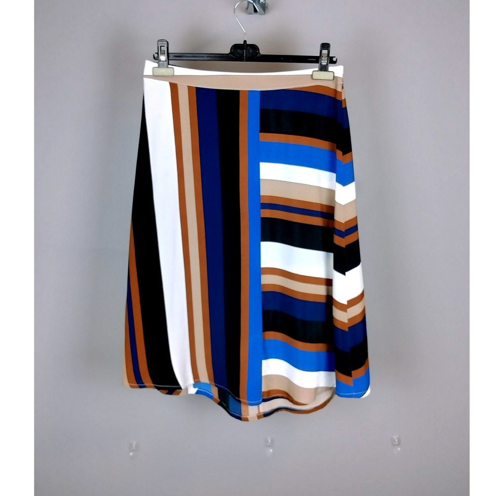 ONLY Asymmetrical Striped Midi Skirt Women 40 Blue Brown Multi High Low Hem